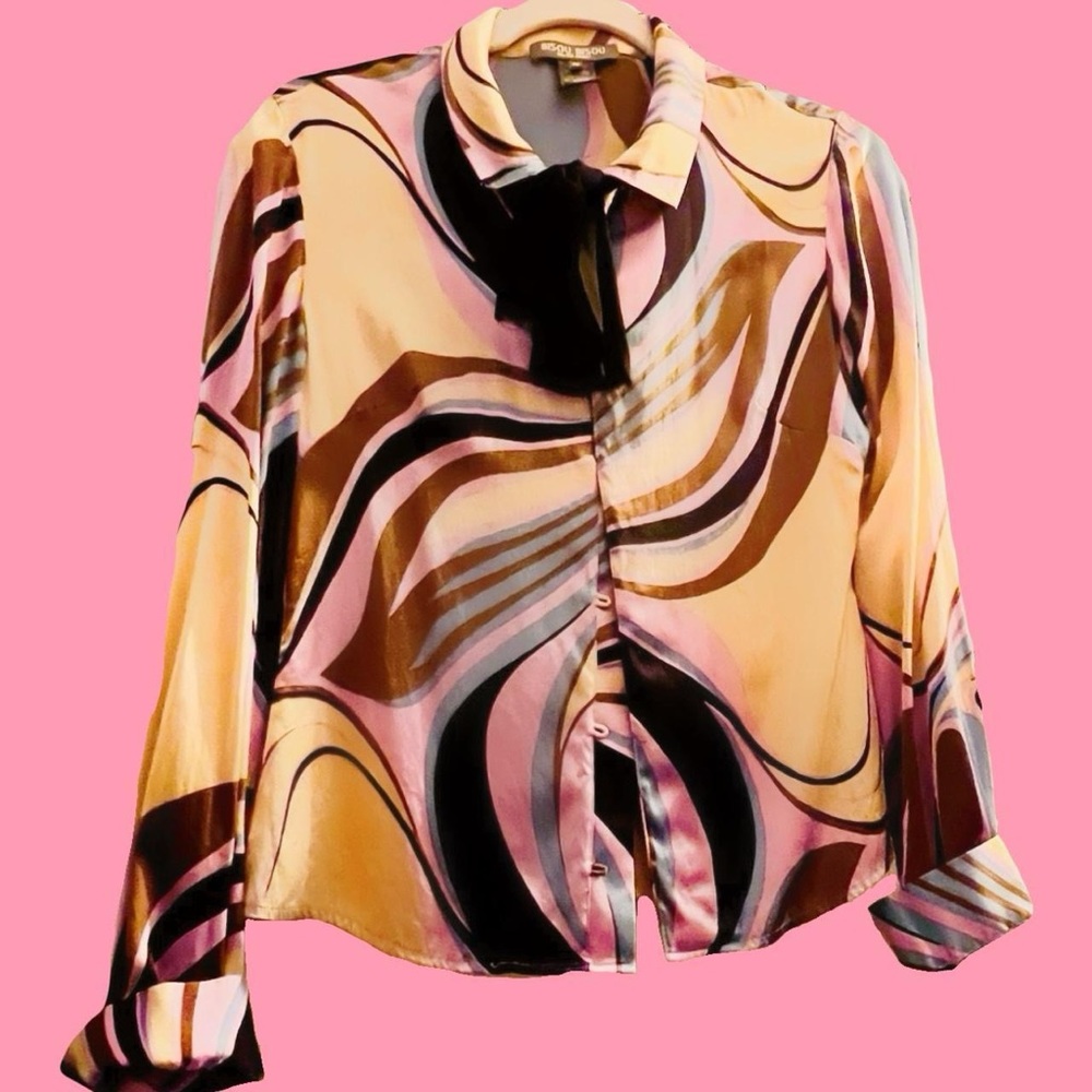 Pucci Style Silk Designer Swirl Psychedelic Button Up Blouse